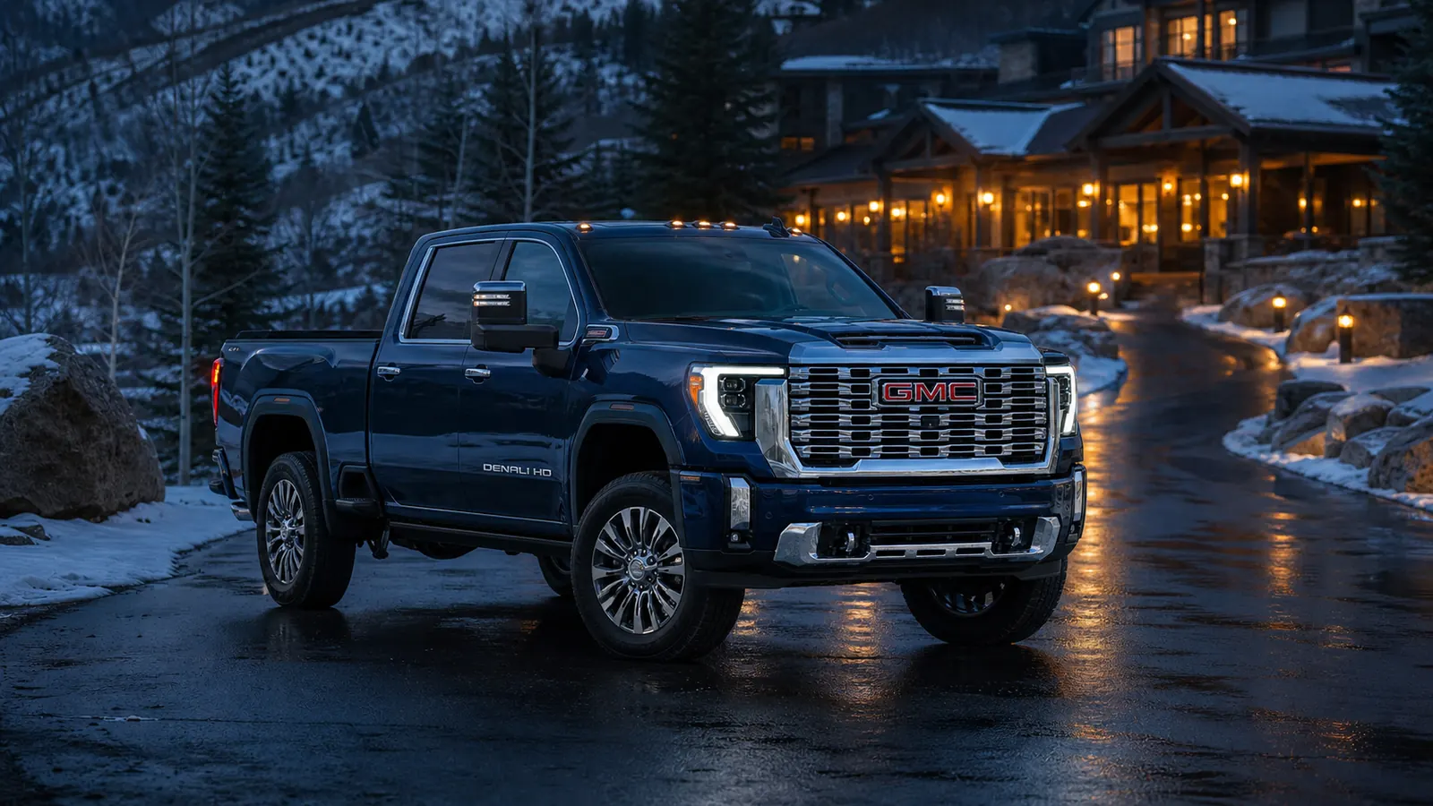 2026 GMC Sierra 2500 HD Denali approaching a mountain lodge at blue hour - GMC Sierra HD
