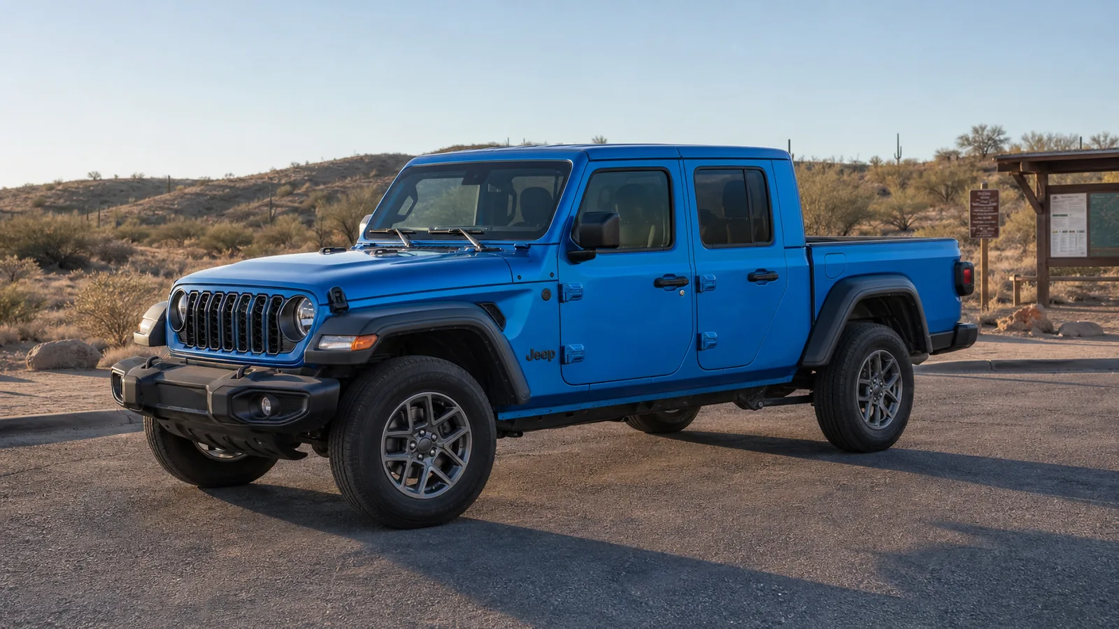 2026 Jeep Gladiator crew-cab pickup at a dry trailhead staging area