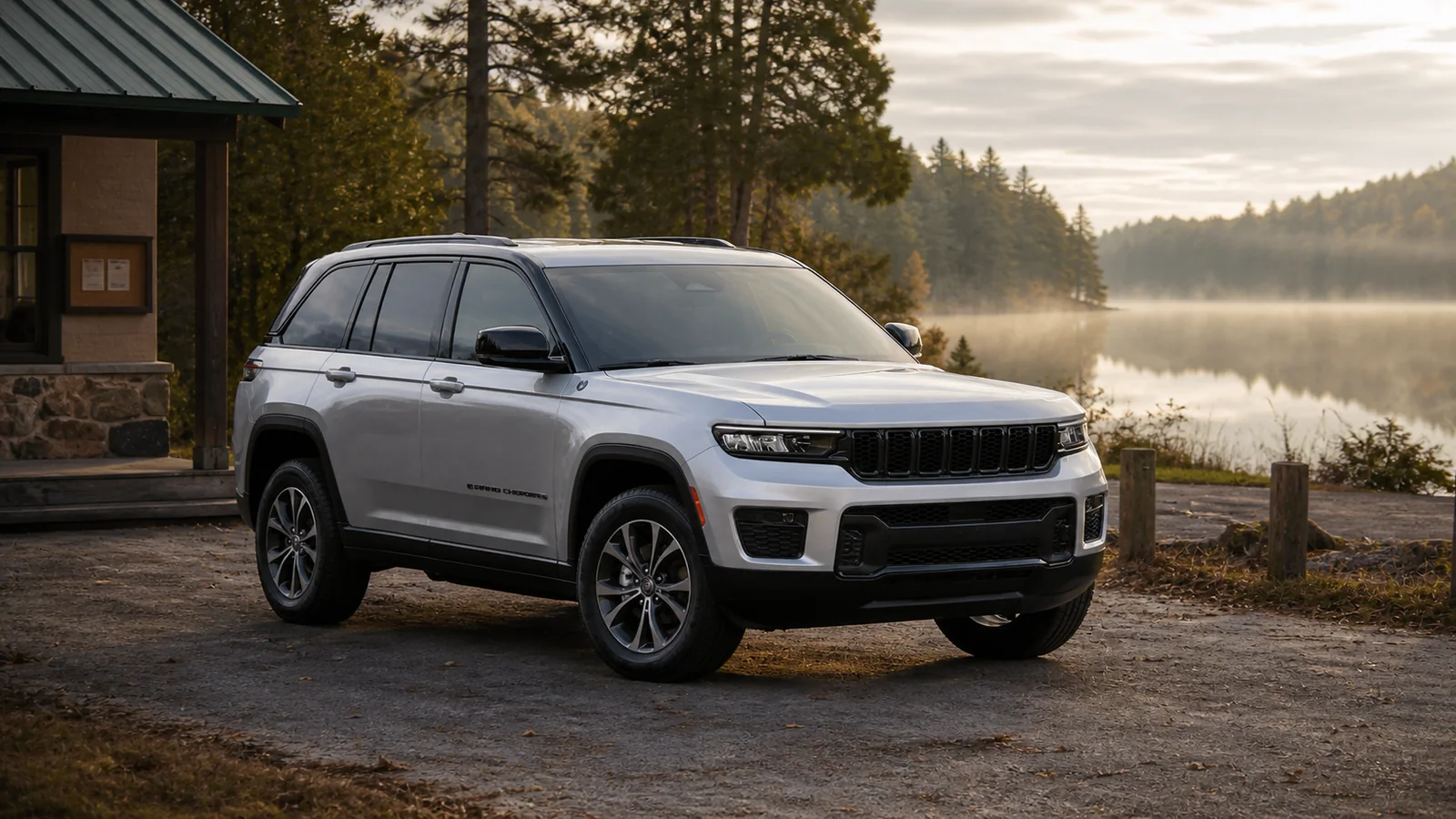 2025 Jeep Grand Cherokee 4xe at a lakeside ranger station