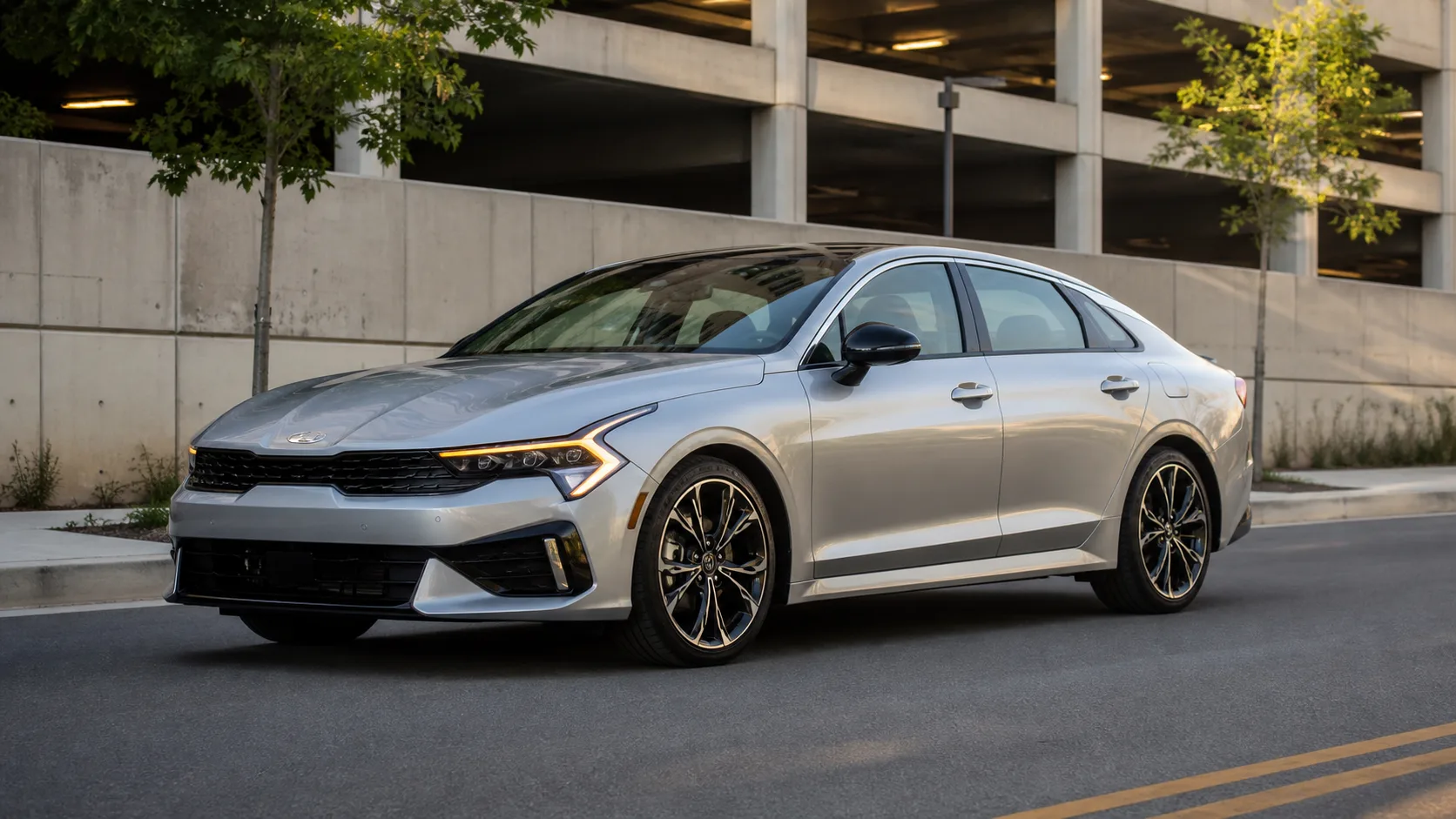 Kia K5 midsize sedan front three-quarter view