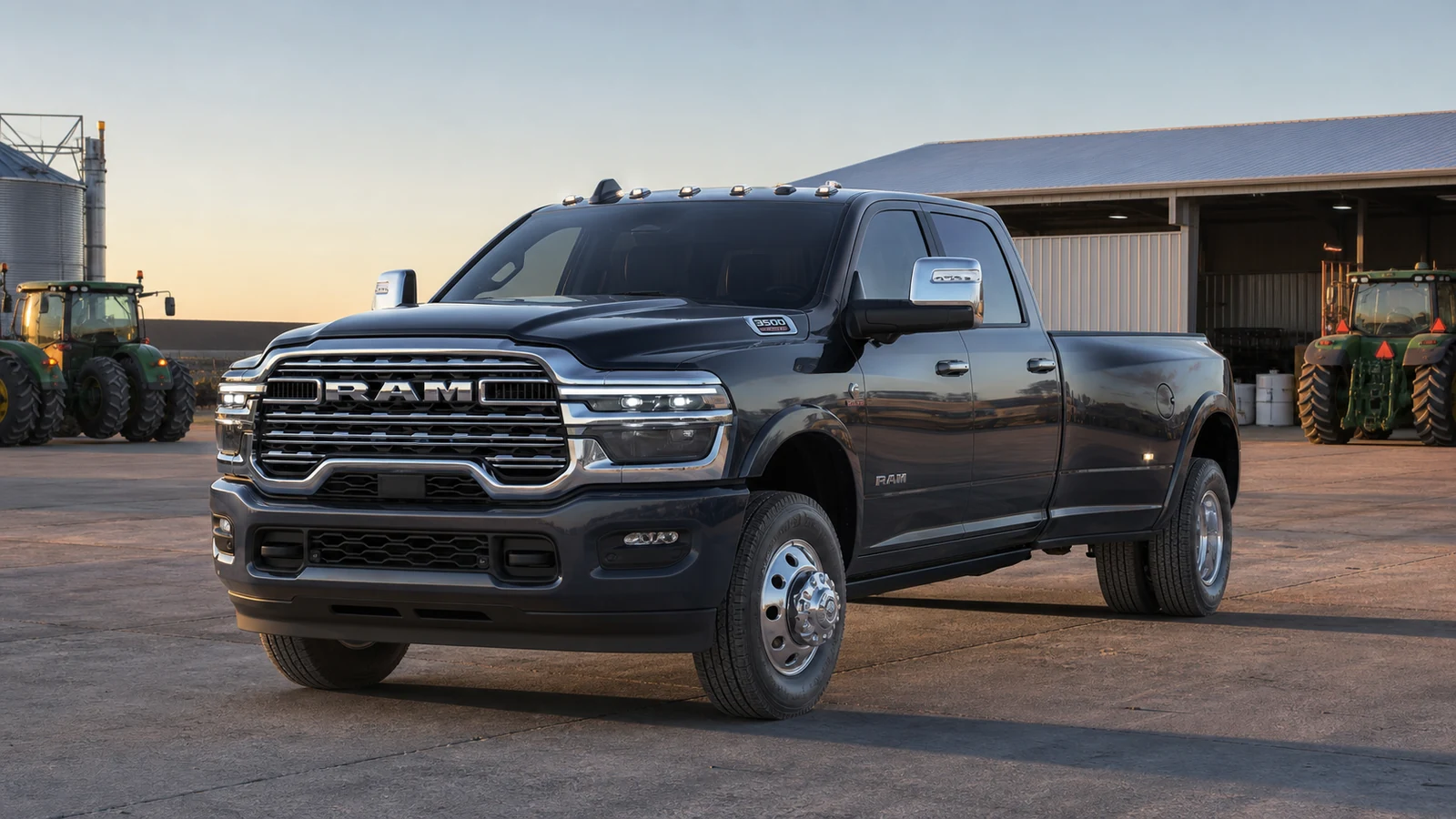 2027 Ram 3500 factory-bed Crew Cab DRW at an agricultural equipment depot