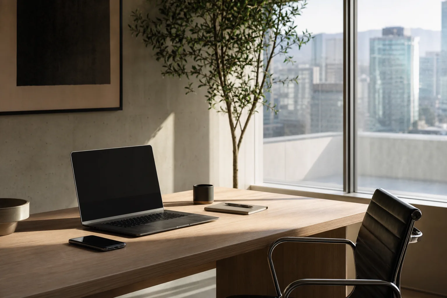 A tidy desk with a laptop, notebook, and a cup of coffee by a window