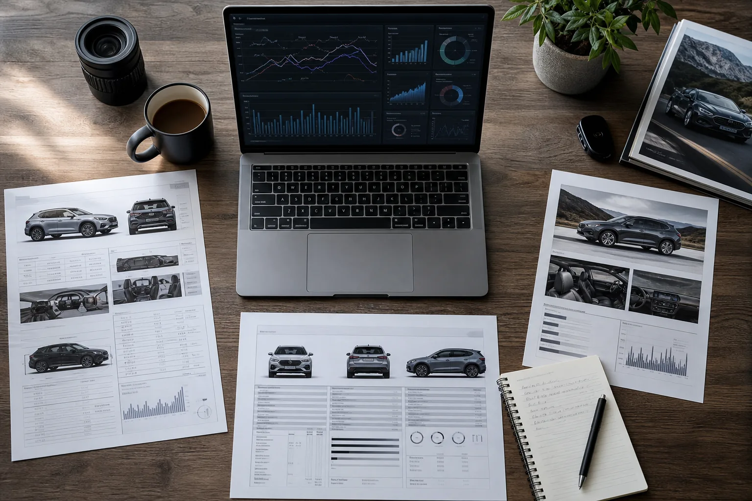 An editor marking up a printed car review at a desk