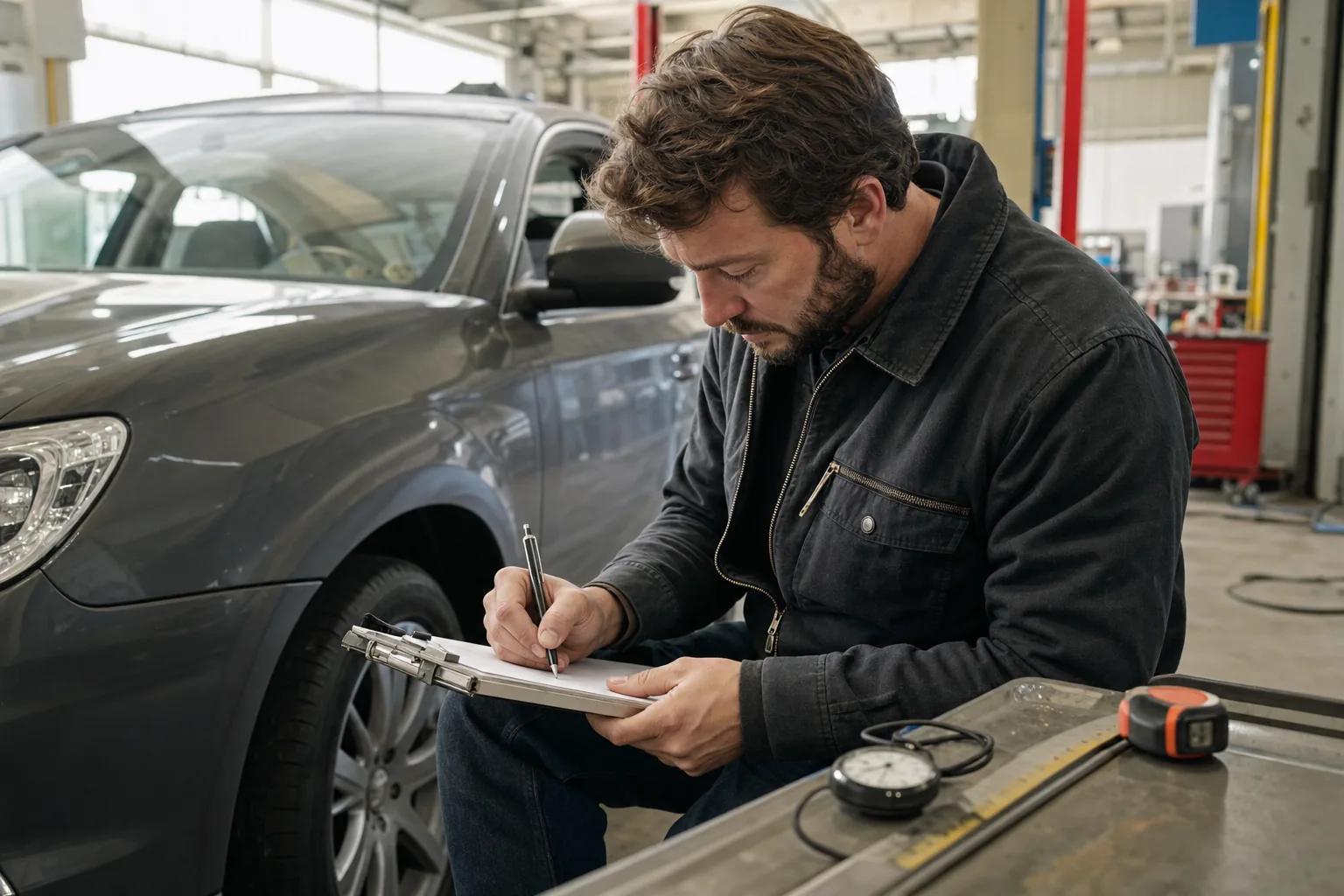 A road tester taking notes beside a car with a stopwatch and measuring tools