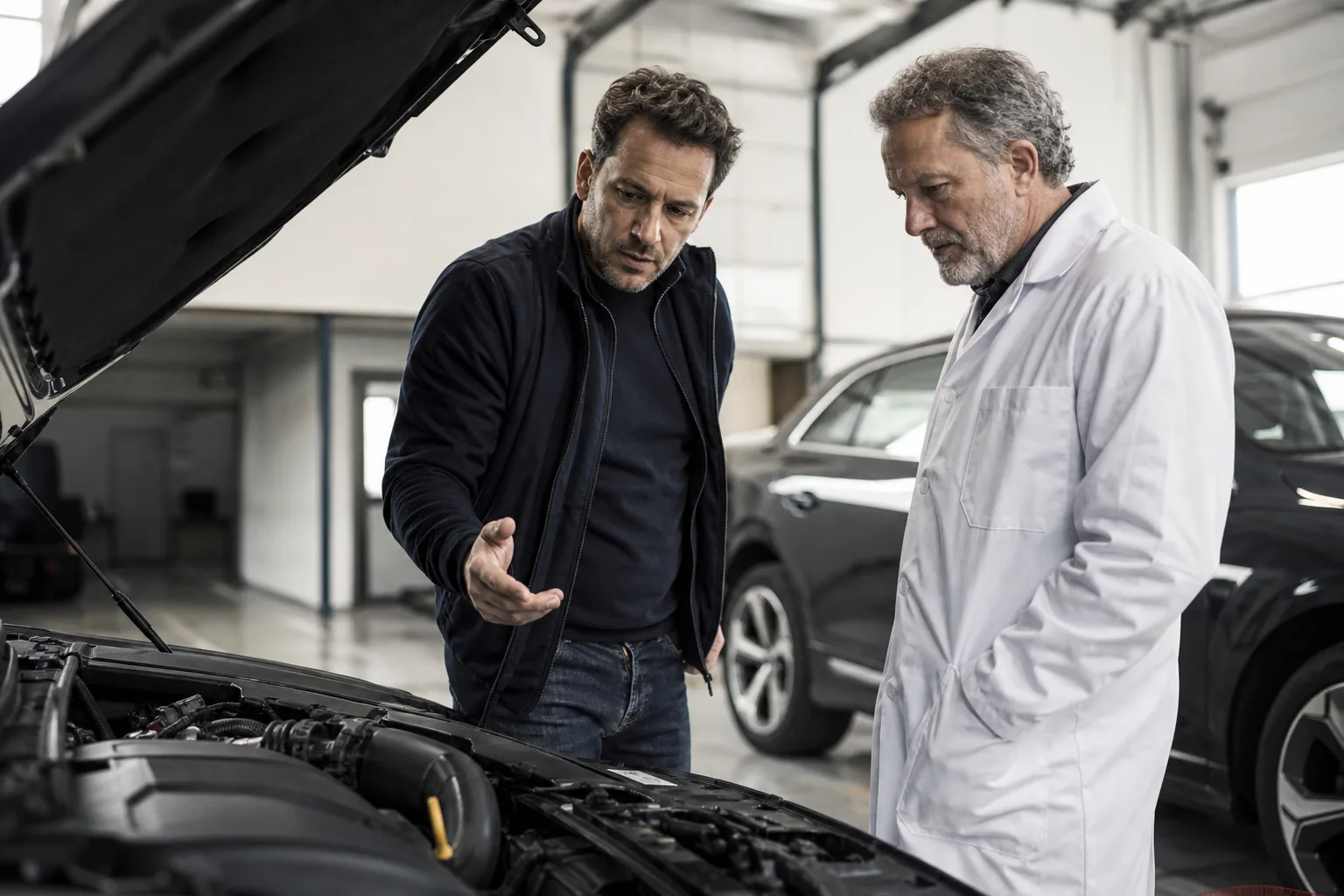 A certified technician and a road tester reviewing a car in a workshop bay