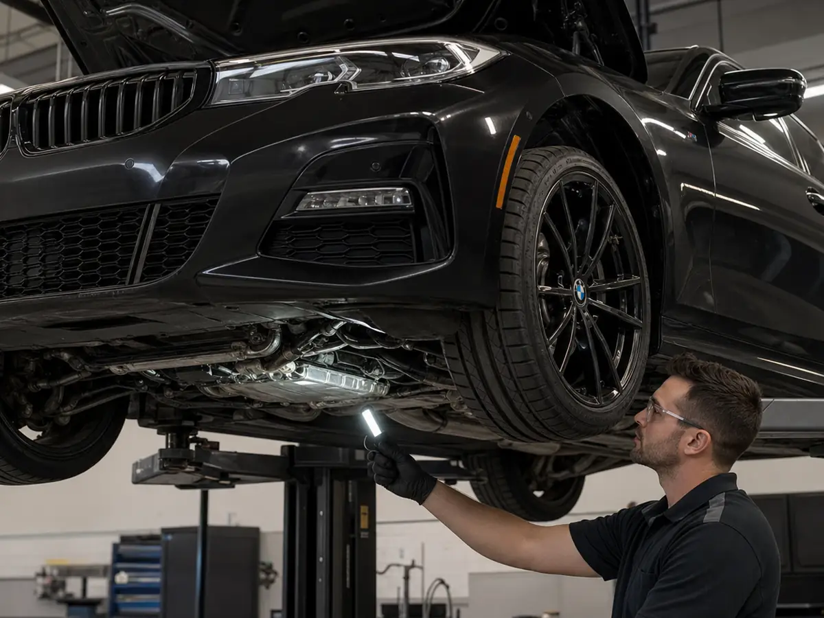 Technician inspecting cooling connections and oil leaks beneath a sport sedan - BMW 3 Series