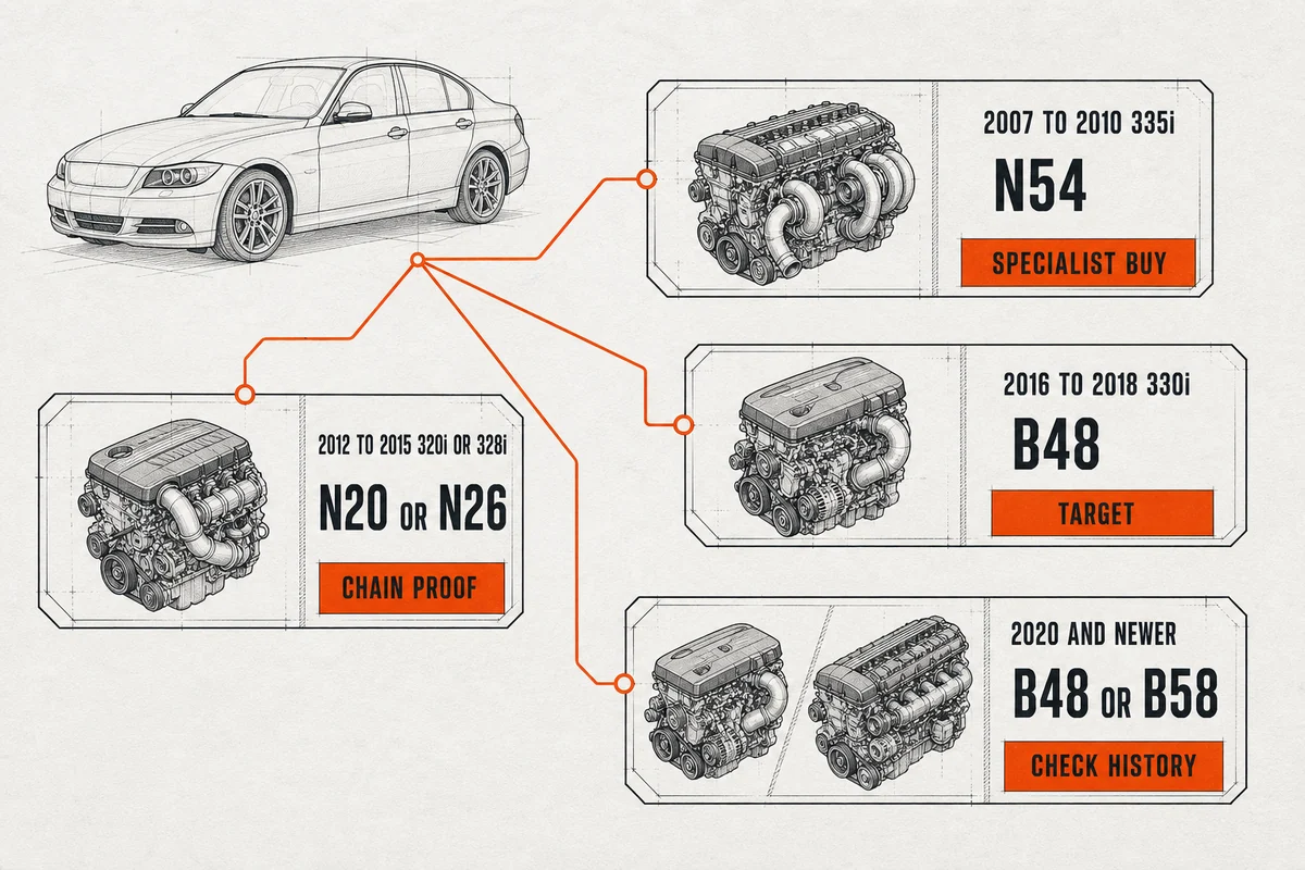 Diagram mapping BMW 3 Series engine families to used-buy checks - BMW 3 Series