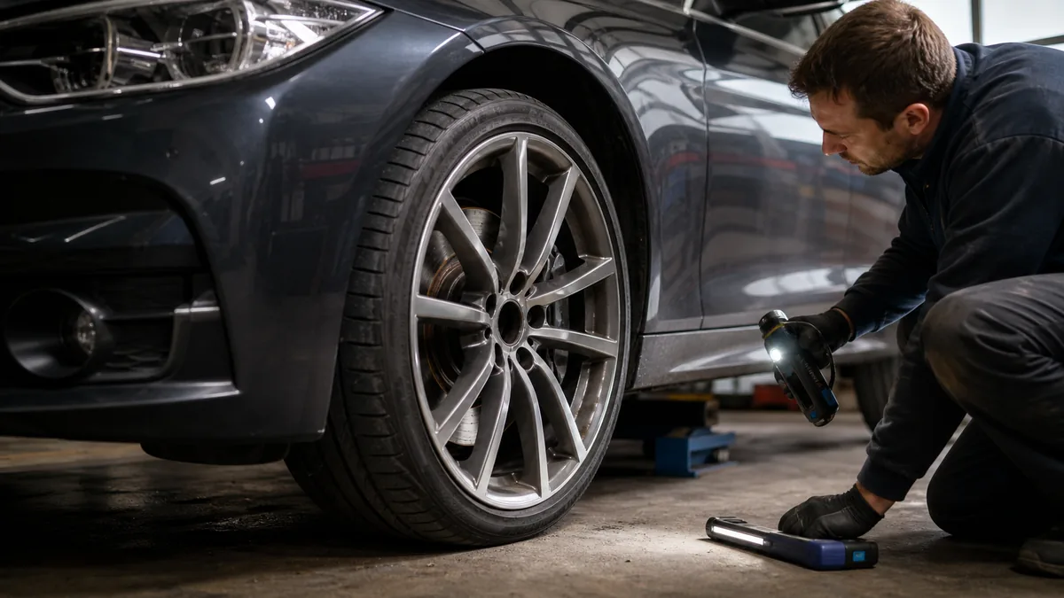 Tire sidewall and brake-area check during pressure inspection - BMW 3 Series
