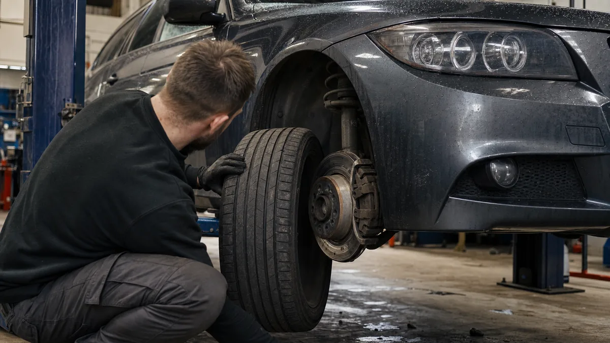 Sport sedan tire and brake inspection in a workshop