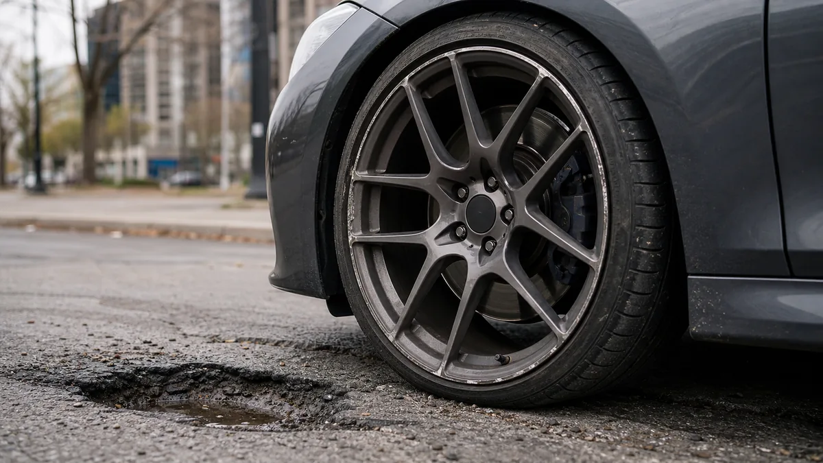 Low-profile sport sedan tire near rough pavement