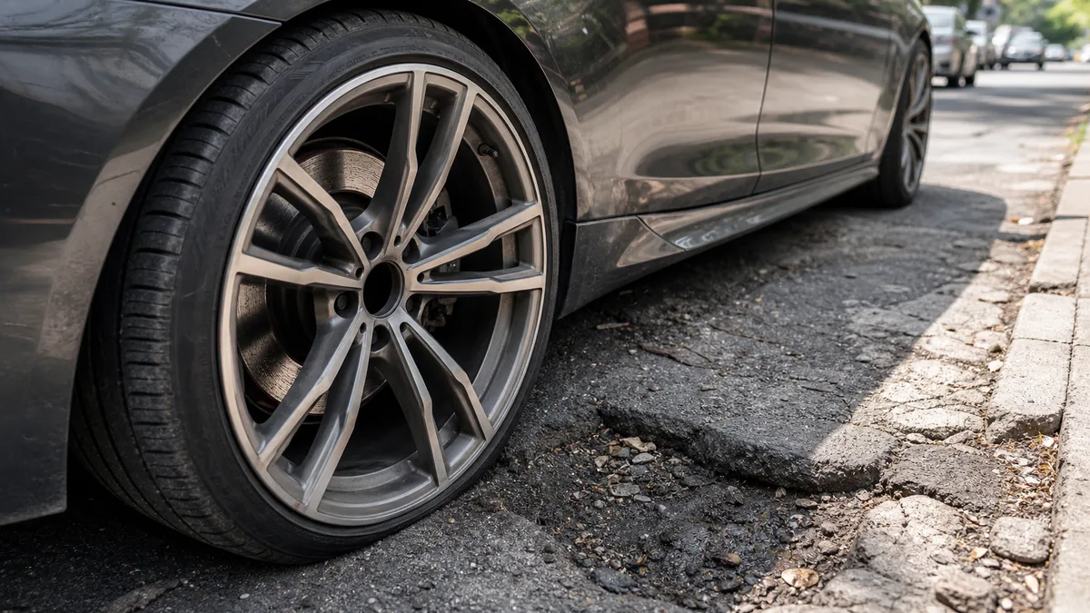 Low-profile sport sedan tire near rough pavement