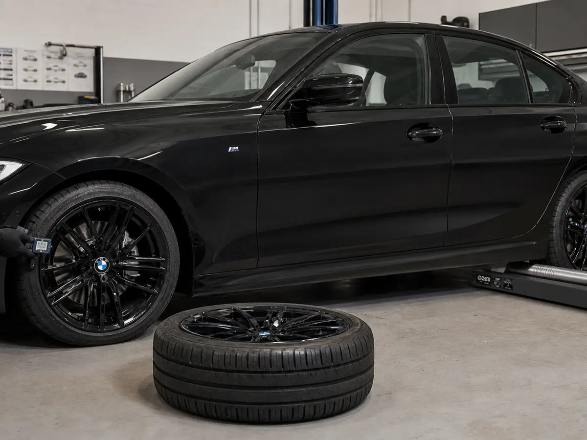 BMW specialist measuring tire circumference and checking xDrive faults - BMW 3 Series