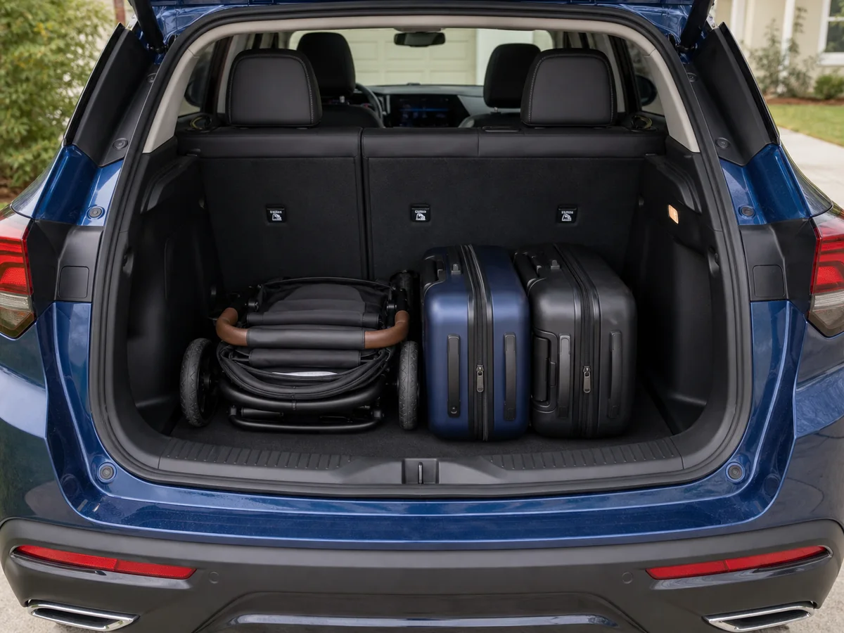 Folded compact stroller and two carry-on bags in the raised-seat cargo area of a current Buick Encore GX - Buick Encore GX