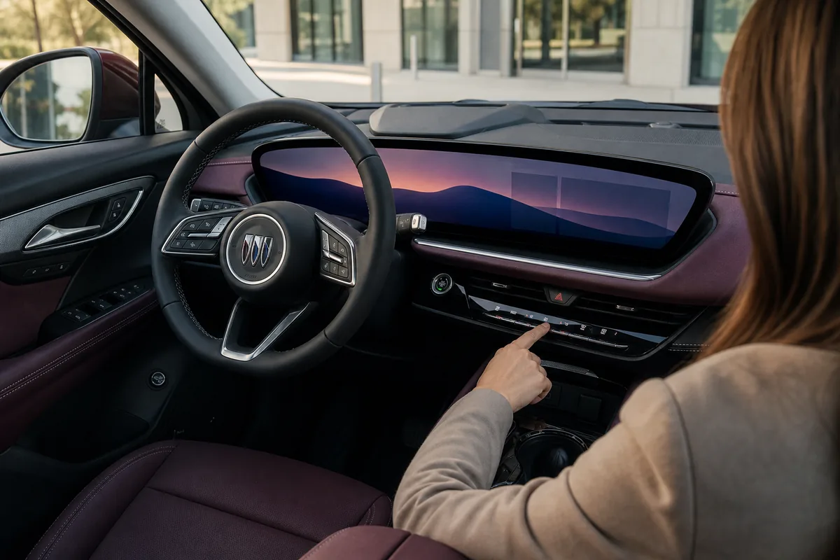 Driver reaching for a physical control beneath the Buick Envision's curved 30-inch display