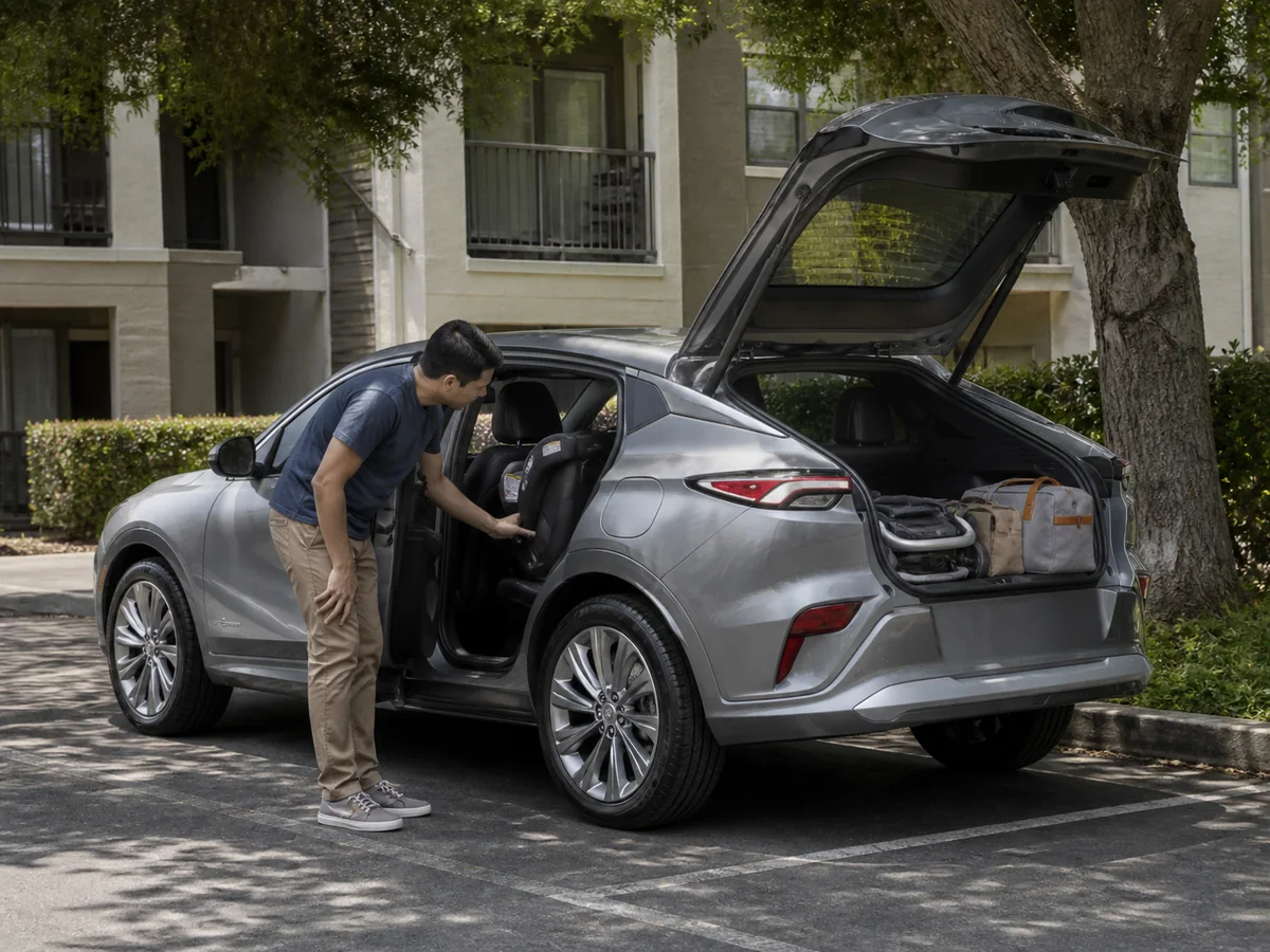 Current Buick Envista with a rear door and hatch open beside a child seat, folded stroller, and carry-on bags - Buick Envista