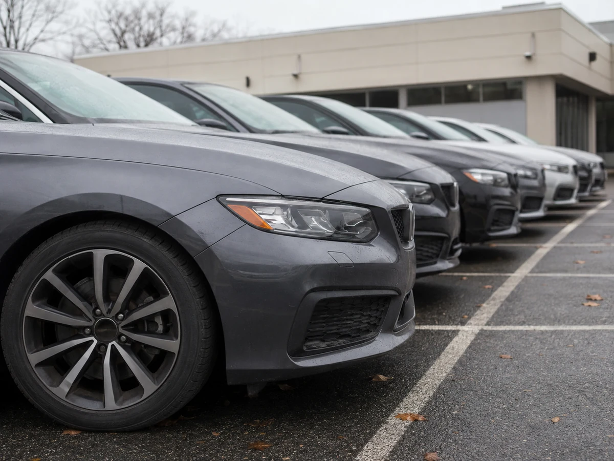 A line of unsold compact luxury sedans parked nose-out in marked bays on a damp dealership lot under overcast light - Cadillac CT4