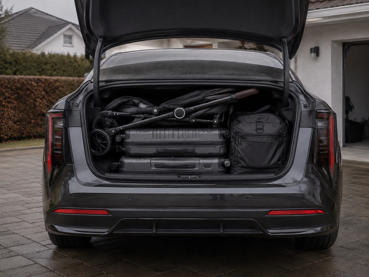 Open boot of a 2026 Cadillac CT5 loaded with two suitcases, a holdall and a folded pushchair - Cadillac CT5