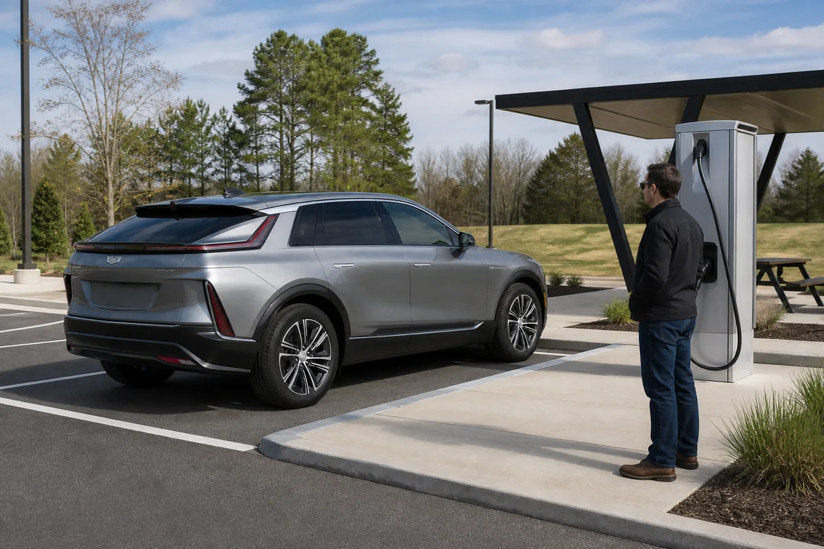 2027 Cadillac Lyriq beside a public charger while its driver checks stall and cable layout