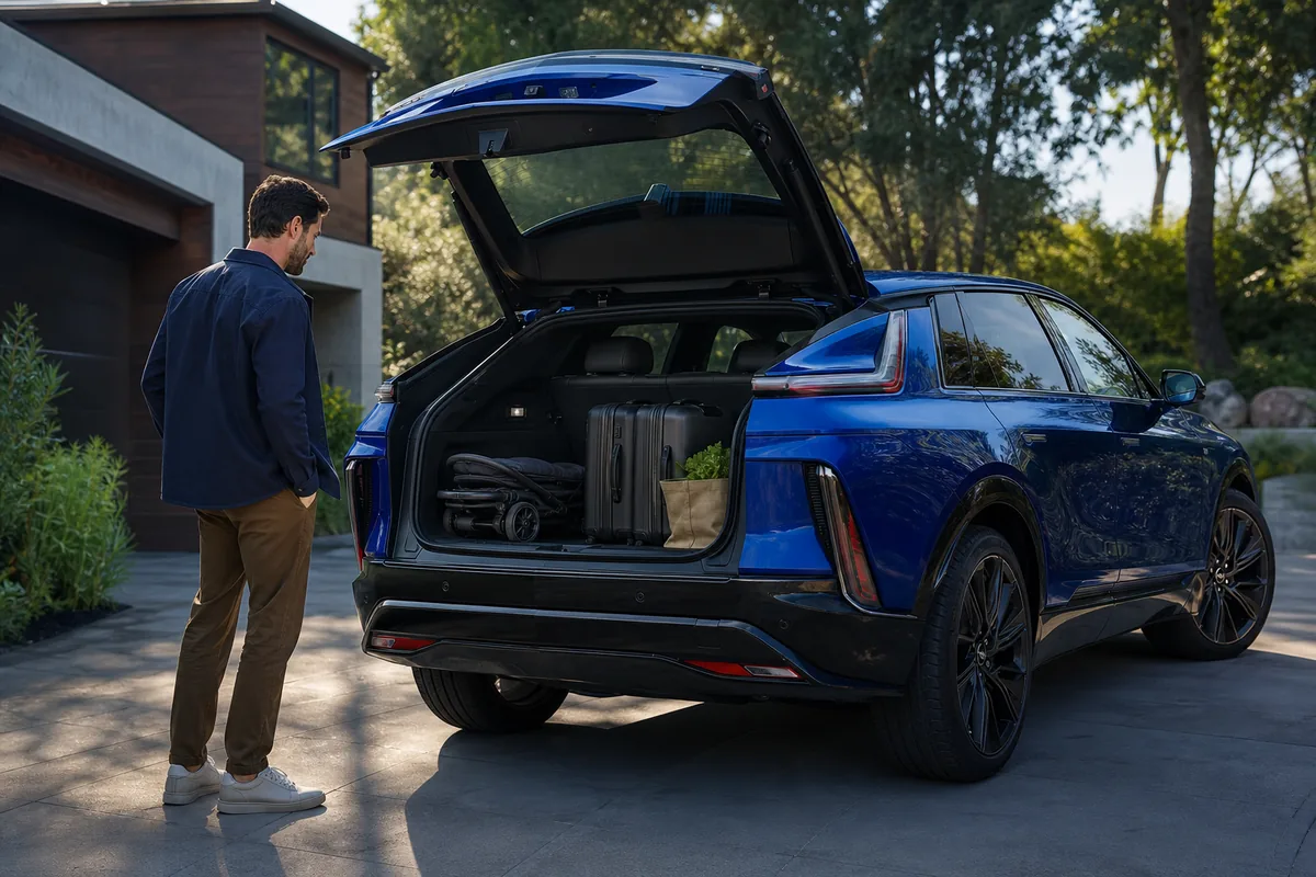 2027 Cadillac Lyriq with rear seats upright, a folded stroller, two carry-ons and a grocery tote