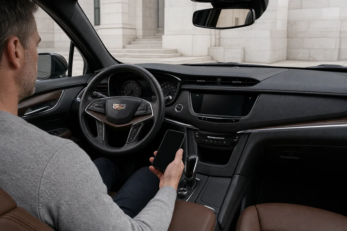 Driver pairing a phone with the 8-inch screen in a 2026 Cadillac XT5