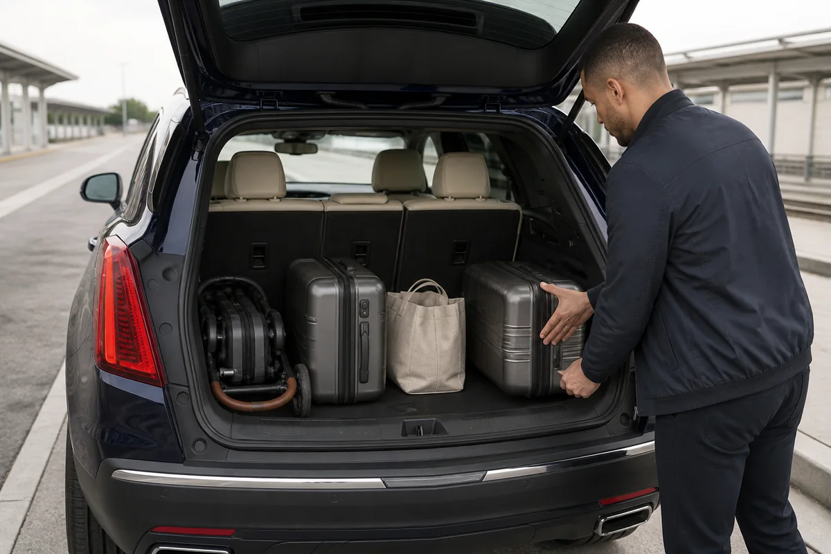 2026 Cadillac XT5 cargo area holding a folded stroller, two carry-ons, and a grocery tote with rear seats upright
