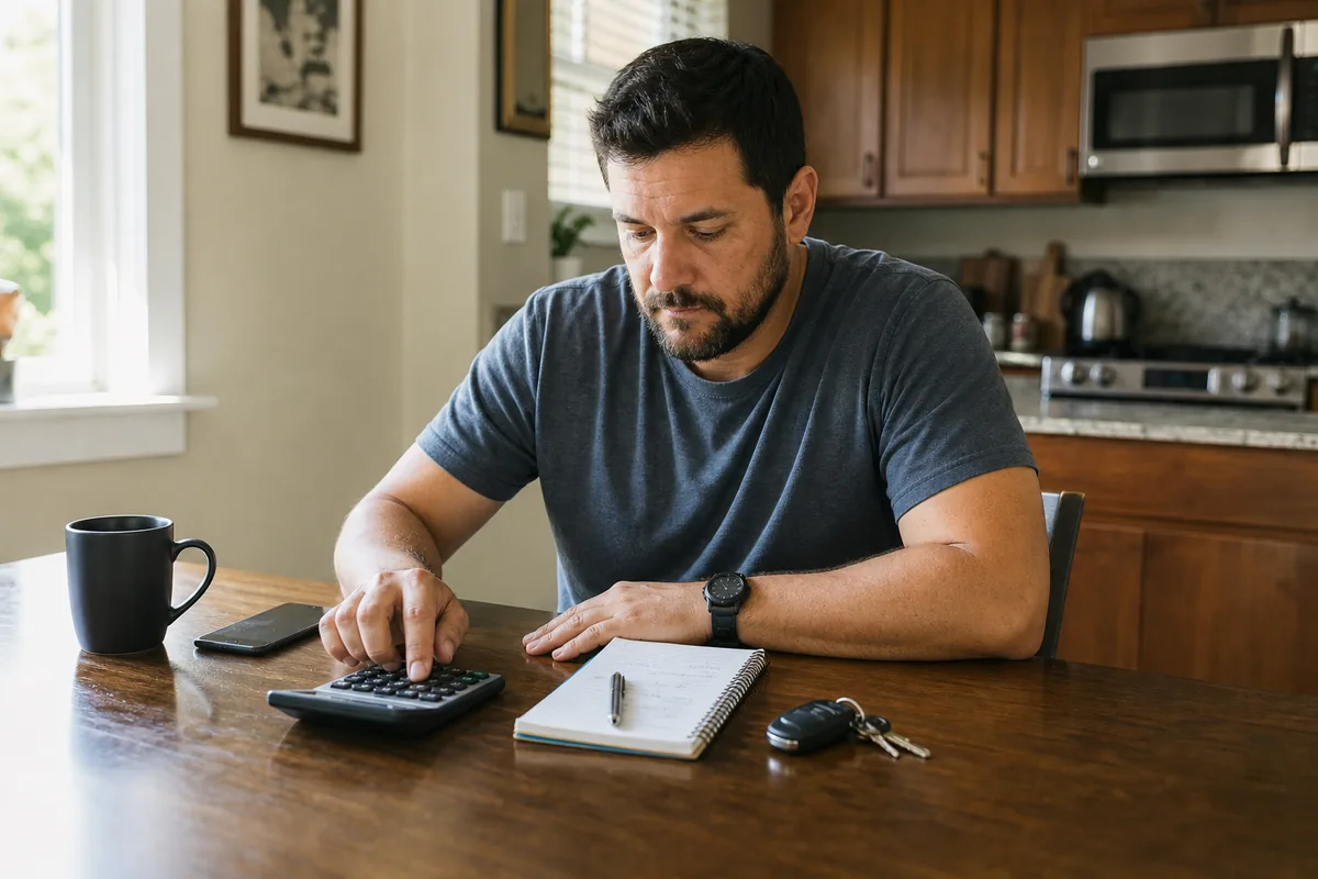 A person working out car affordability with a calculator, notepad, and car keys at a table - car budget planning