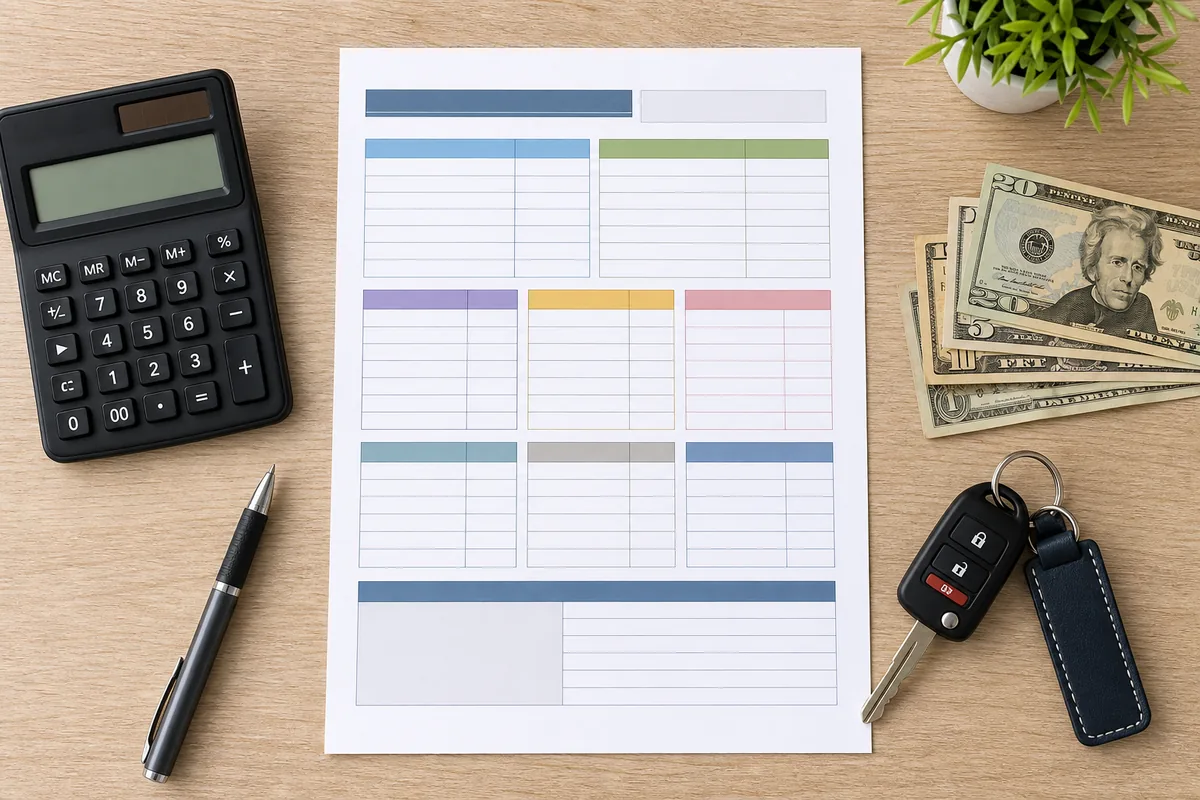 A monthly budget worksheet with a calculator, cash, and car keys laid out on a desk - monthly car cost planning