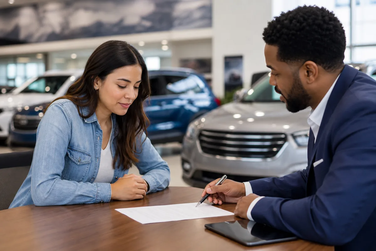 A car buyer reviewing a deal across the desk from a salesperson - car price negotiation