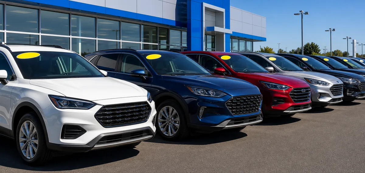 New cars on a dealership lot with windshield price stickers - car dealership pricing