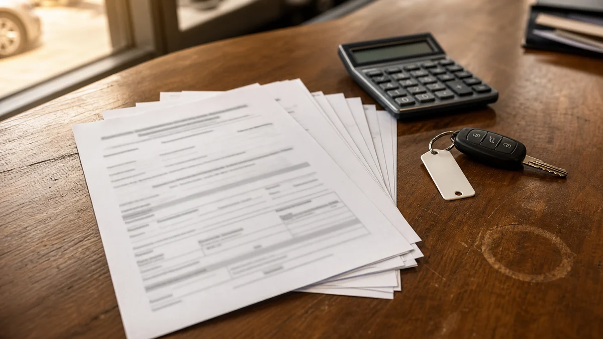 Unfilled vehicle loan documents, a desk calculator and car keys on a finance-office desk - car loan interest deduction