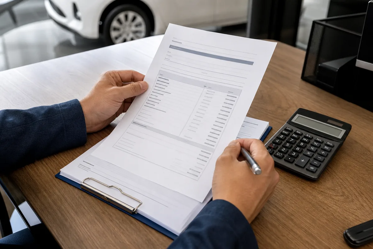 A buyer reviewing itemized car purchase paperwork with a calculator - dealer fee review