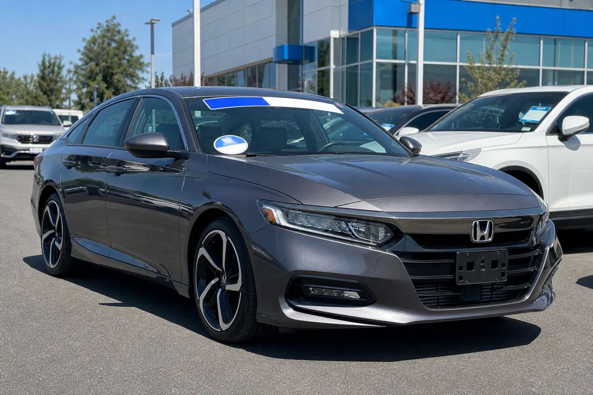 A certified pre-owned car at a franchise dealership with an inspection badge - certified pre-owned car