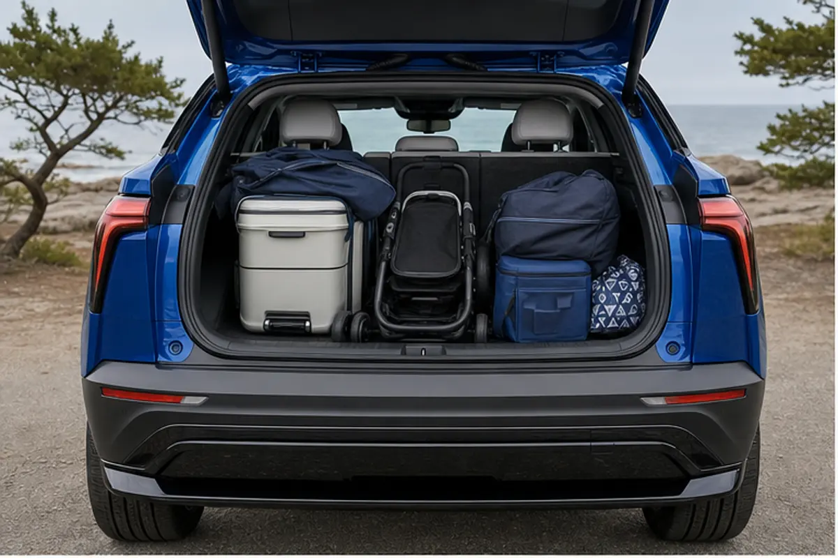 Chevrolet Blazer EV rear cabin and cargo floor loaded with family travel items