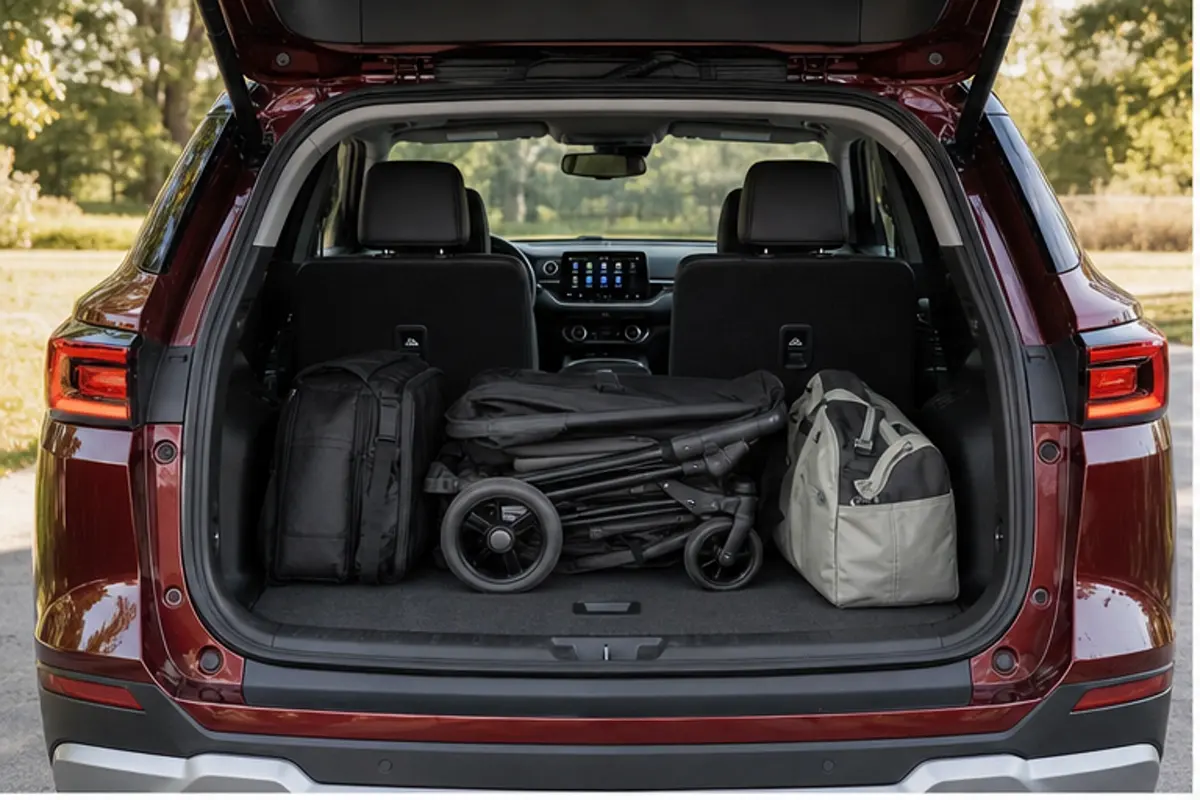 Chevrolet Blazer rear seat and cargo area loaded with family bags while legroom is checked