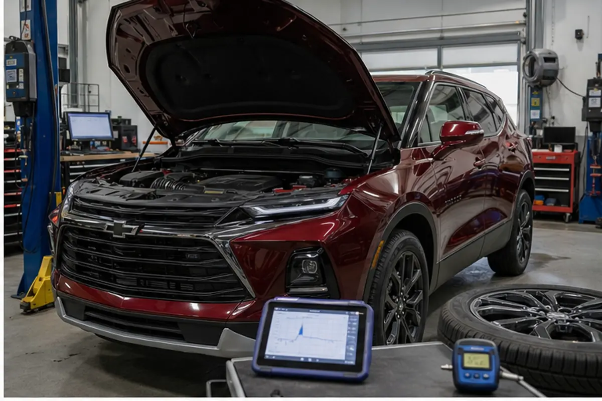 Chevrolet Blazer undergoing a used-car inspection with tires, engine bay, and diagnostic scan checked