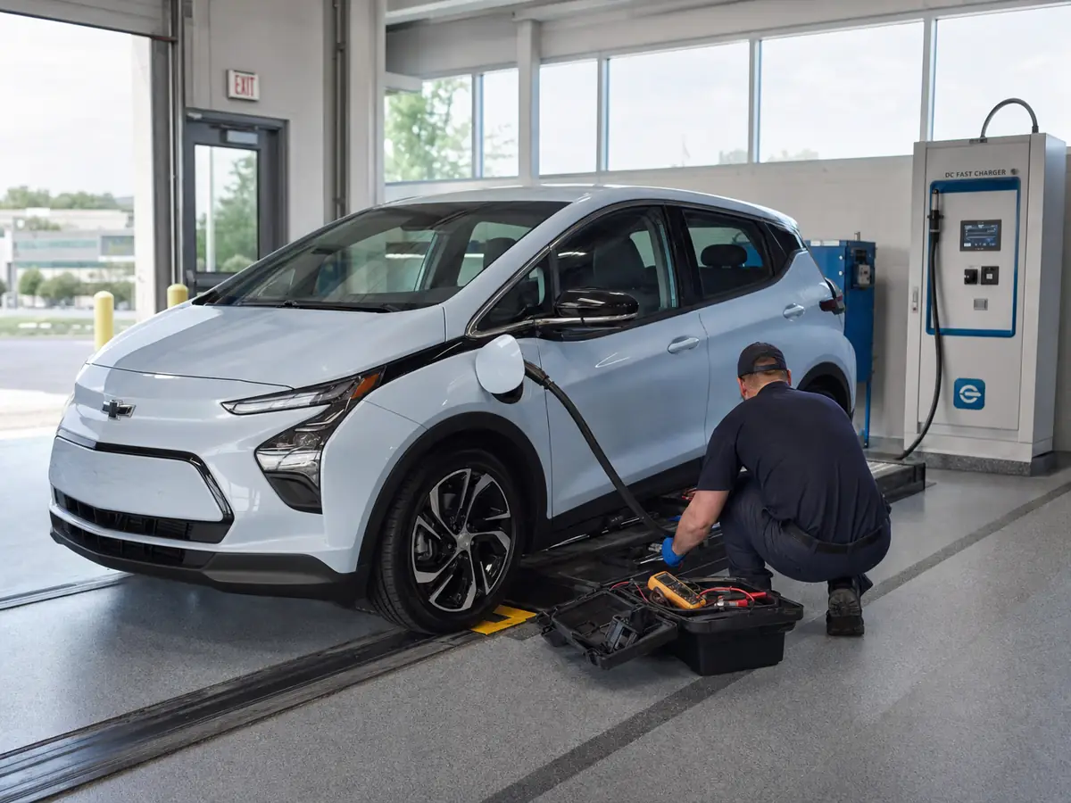 Technician inspecting a Chevrolet Bolt EV charge port, 12-volt battery, tires, and brakes - Chevrolet Bolt EV