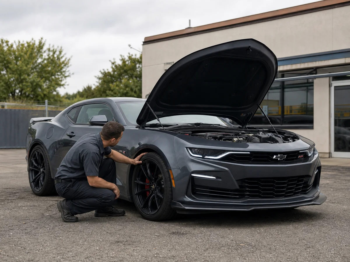 Technician inspecting a sixth-generation Chevrolet Camaro outdoors before purchase - Chevrolet Camaro