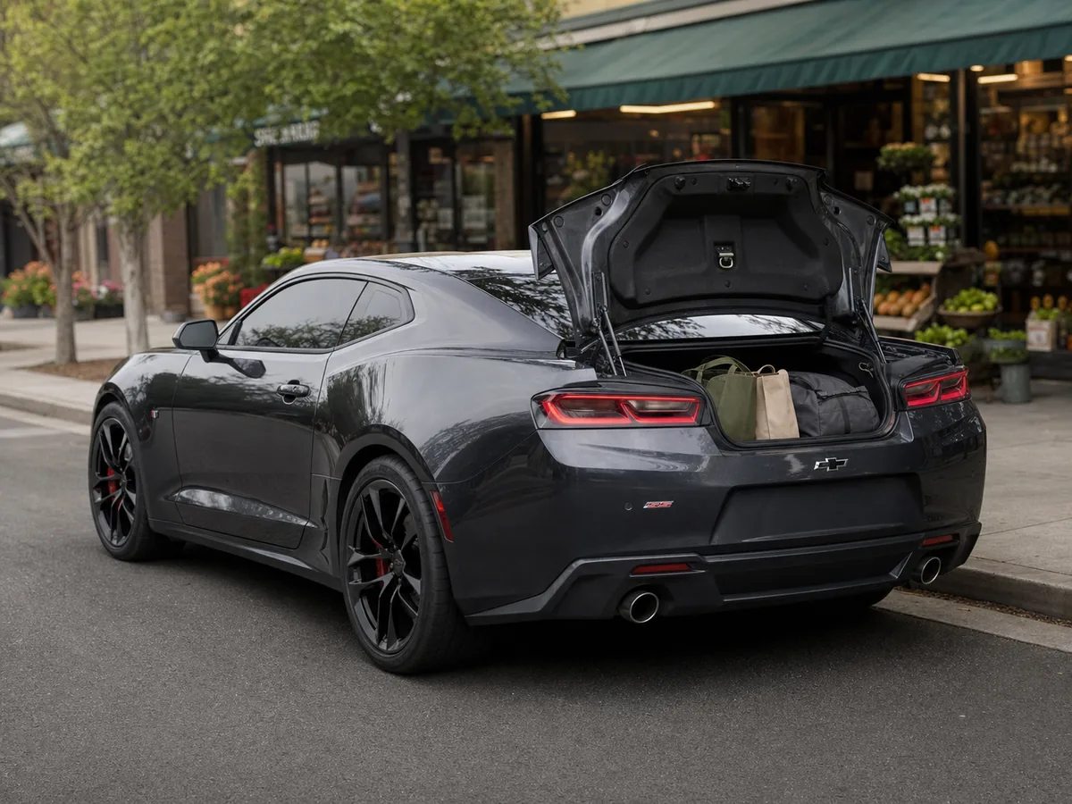 Sixth-generation Chevrolet Camaro with its trunk open outside a neighborhood grocery store - Chevrolet Camaro
