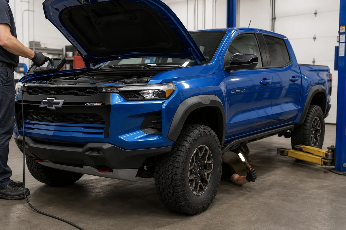 Technician scanning a Chevrolet Colorado while inspecting tires, shocks, and underbody - Chevrolet Colorado
