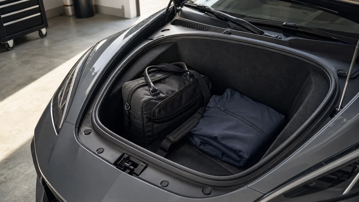 Performance coupe front cargo compartment with weekend bag