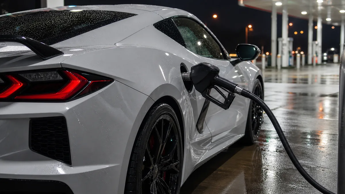 Performance coupe refueling detail at a gas station