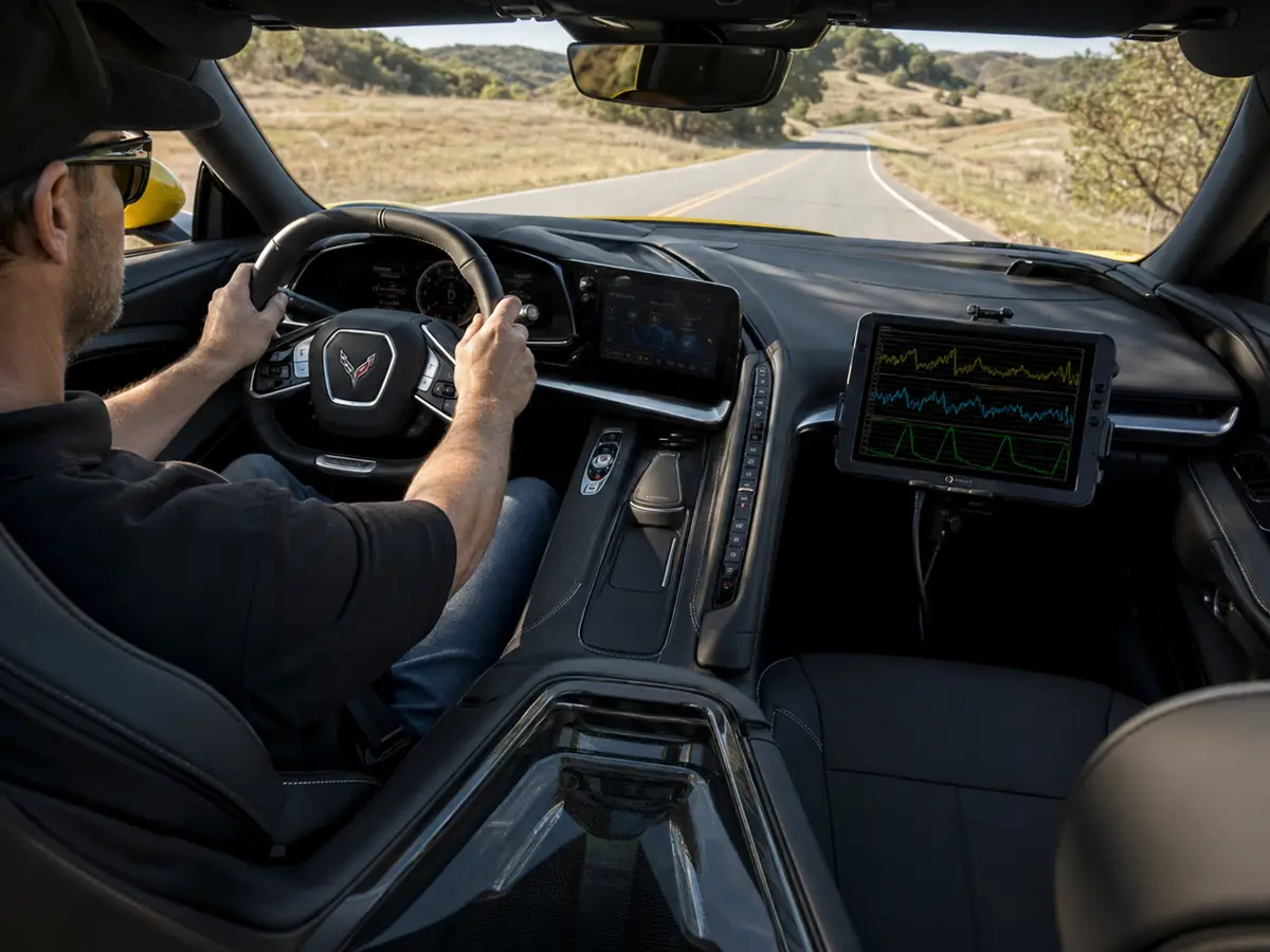 Technician monitoring transmission data during a Chevrolet Corvette road test - Chevrolet Corvette