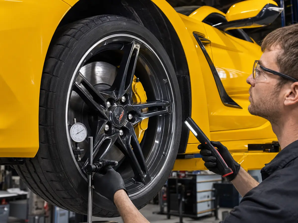 Technician measuring wheel runout on a red Chevrolet Corvette - Chevrolet Corvette