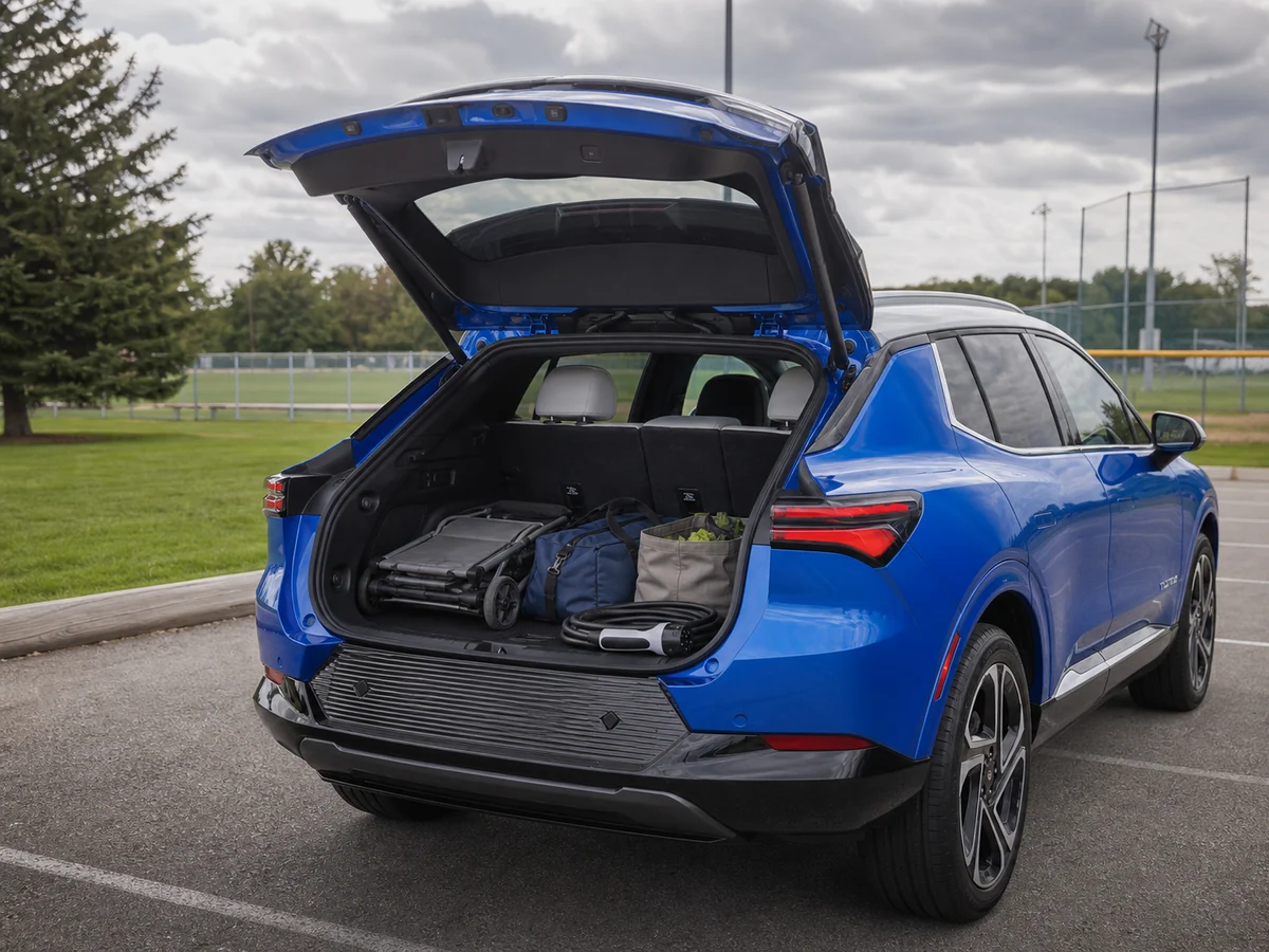 Chevrolet Equinox EV with stroller, duffel bags, groceries, and a portable charging cable behind the upright second row