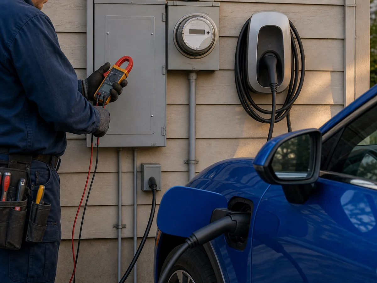Electrician assessing an exterior service panel beside the Chevrolet Equinox EV front-fender charge port