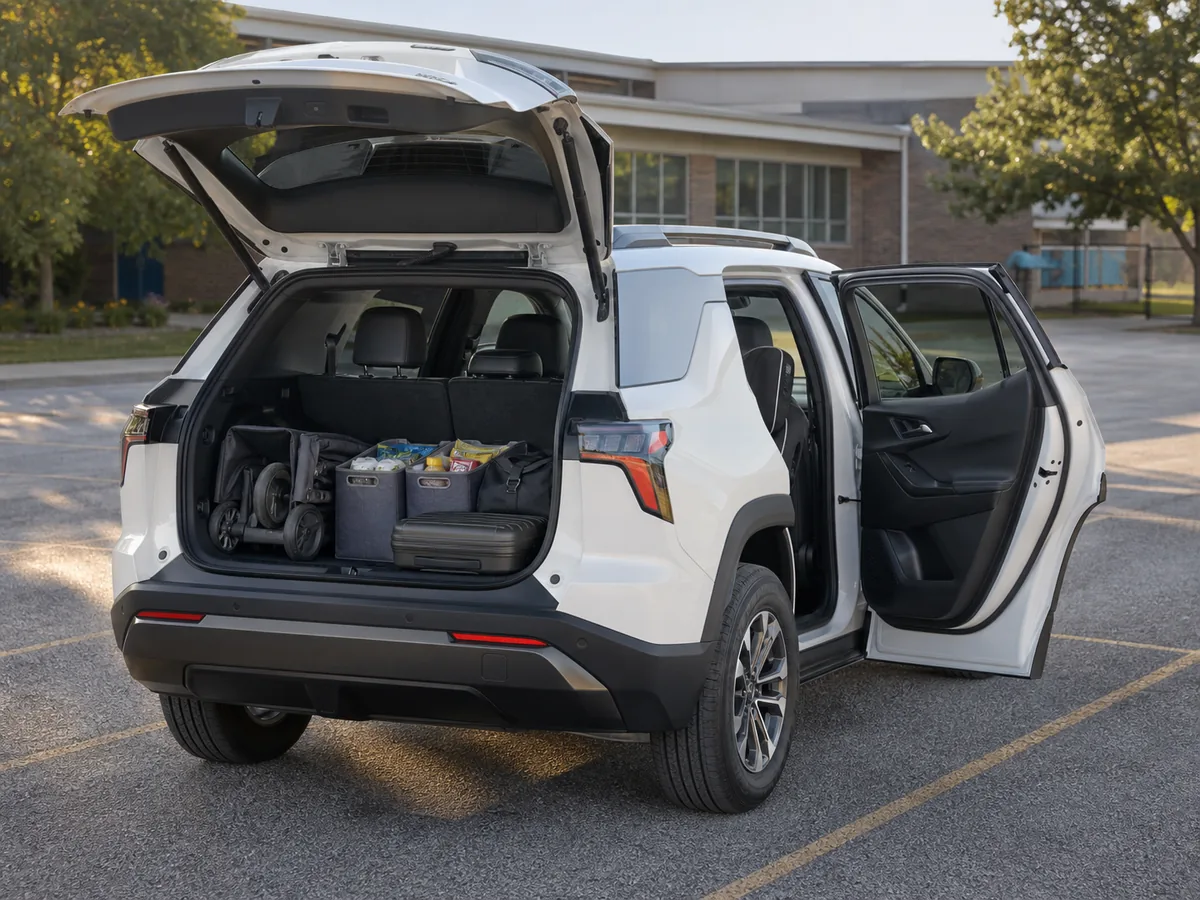 Chevrolet Equinox cargo area loaded with a stroller, grocery bins, sports bag, and suitcase
