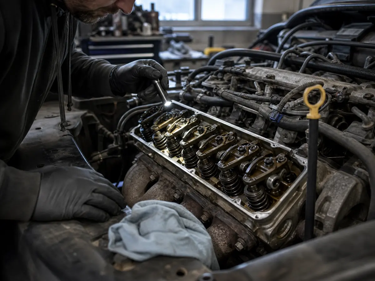 Technician inspecting V8 valvetrain components during a used-truck evaluation - Chevrolet Silverado 1500