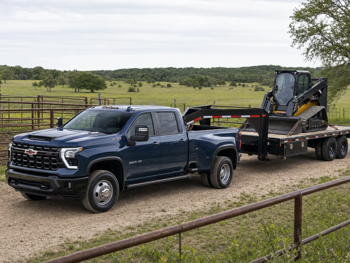 Chevrolet Silverado 3500 HD dually connected to a loaded gooseneck equipment trailer at a ranch - Chevrolet Silverado HD