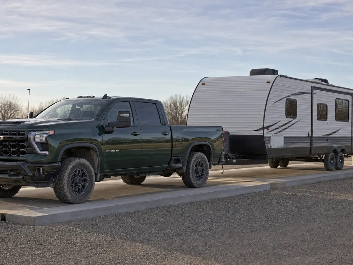 Chevrolet Silverado 2500 HD and travel trailer positioned on a certified roadside truck scale - Chevrolet Silverado HD