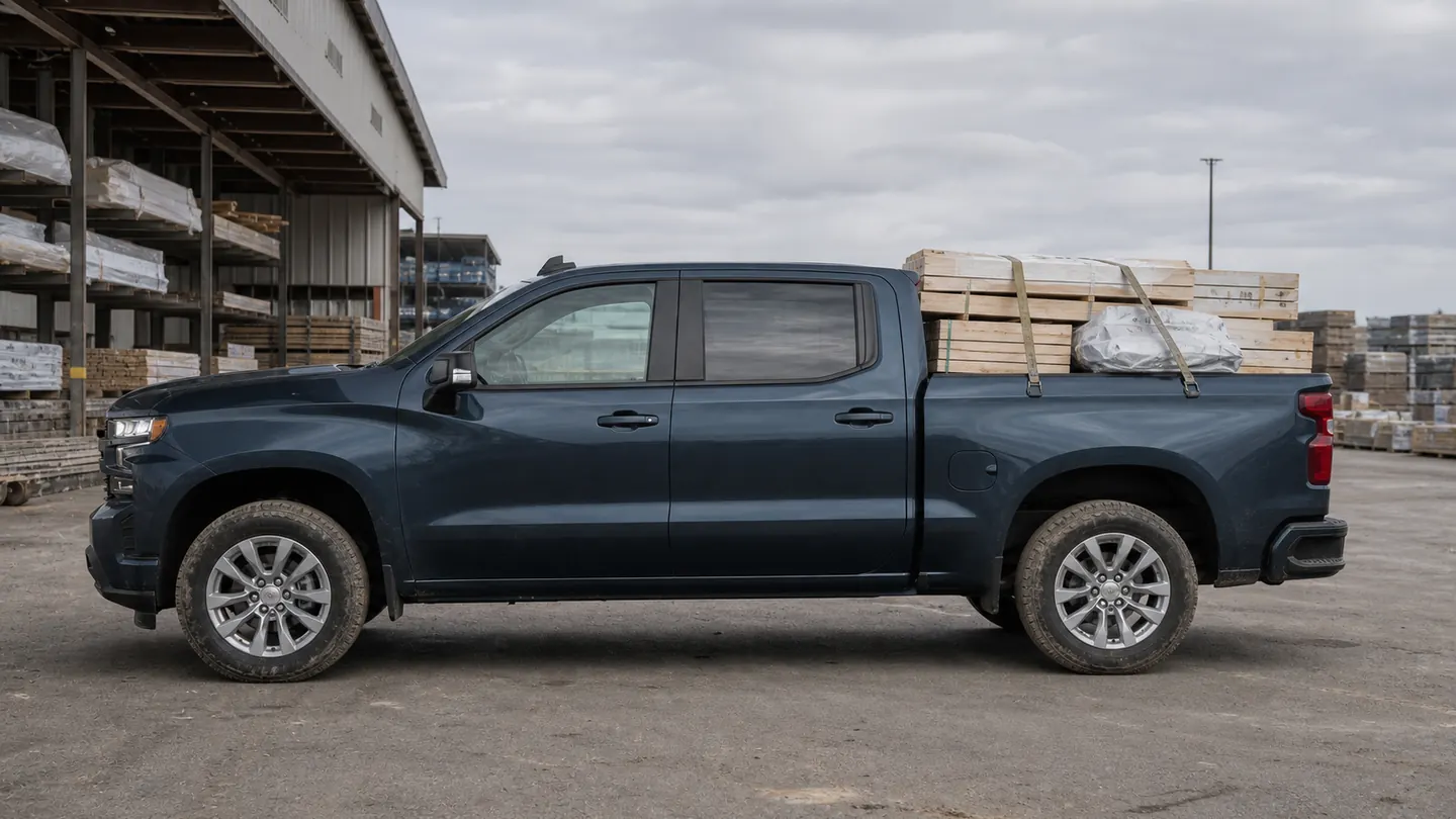Chevrolet Silverado 1500 carrying secured building materials in its bed
